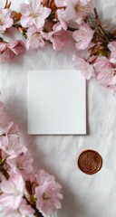 Obraz premium Square blank notecard surrounded by delicate pink cherry blossoms on white fabric