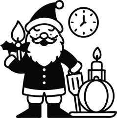 Very clean monoline black icon of Santa holding a candle standing near a Christmas tree with pumpkin and countdown clock behind.