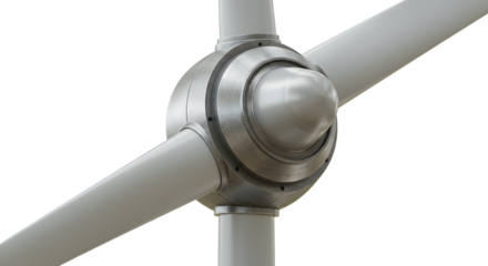 FARMING - Close-up of modern wind turbine blades and hub against white background, renewable energy concept perfect for environmental projects