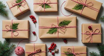 Holiday gifts decorated with red thread on white table.