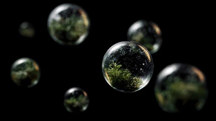 Floating transparent bubbles reflect miniature green forests against a dark background creating a surreal magical atmosphere