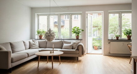 Fototapeta premium A bright, minimalist Scandinavian living room with light oak parquet, a large beige sectional sofa, and a iconic PH lamp. Large windows overlook a green courtyard, filling the space with natural light