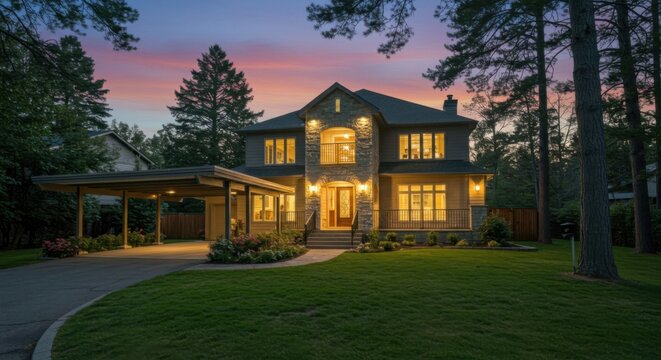 Modern two-story house with stone and glass glowing at dusk.