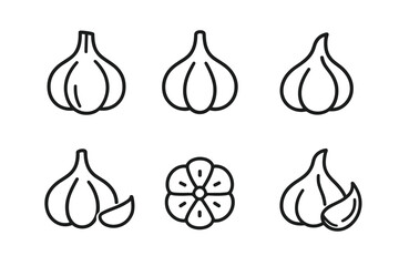 Set of garlic icons: whole bulbs, cloves, and sliced illustrations in black and white