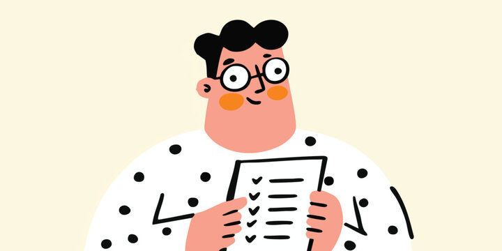 An illustration captures a cartoon character holding a checklist, the image exudes positivity and productivity.