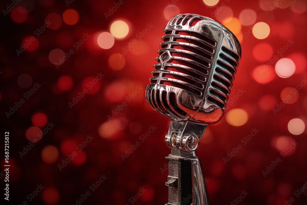 Poster retro microphone on red bokeh background ready for performance