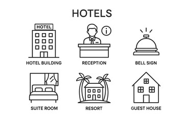 Fototapeta premium Hotel icons: building, reception, bell sign, suite room, resort, guest house