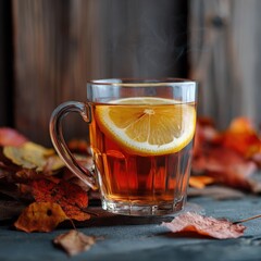 Hot beverage in a clear glass cup with lemon slice, surrounded by colorful autumn leaves, creating a warm and inviting atmosphere for seasonal enjoyment
