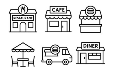 Icons of restaurant, cafe, food truck, and diner outlines display