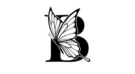 Elegant black letter B monogram with a delicate line art butterfly wing. © solikhin