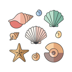 A colorful collection of stylized cartoon seashells including a scallop conch and starfish with bold outlines.