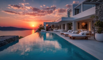 Fototapeta premium Sunset over infinity pool villa
