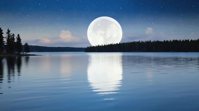 Enormous Full Moon Reflected on a Calm Lake Surface at Night with Silhouetted Pine Trees and Starry Sky.