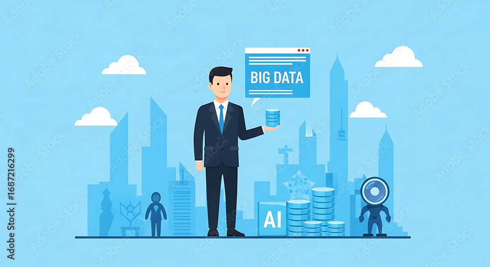 Aufkleber illustration of a man holding data with ai and big data in front of a city skyline scene art ai gene