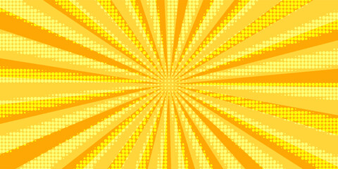 Retro orange sun rays on yellow halftone pattern background. Dotted or noise texture. Bright pixel art comic and pop-up design. Vector wall for poster, banner, advertising. Eps10