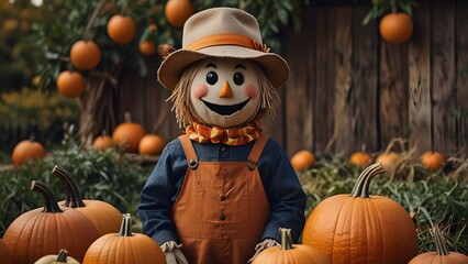A happy cute scarecrow with a straw hat and sunflower garland, standing in a pumpkin patch with autumn decorations. Cheerful fall harvest concept