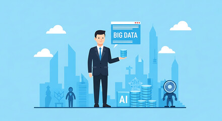 Illustration of a man holding data with ai and big data in front of a city skyline scene art ai generated
