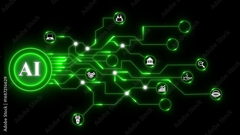 Poster futuristic tech concept with laptop lock and data. ai network with green glowing circuit board and t