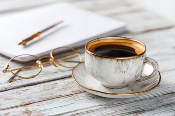 A cup of coffee and notebook on a wooden table