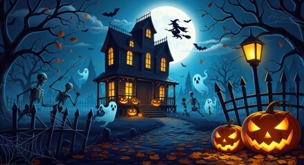 Spooky haunted house with ghosts and pumpkins under a full moon night