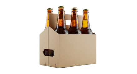 Six pack of brown beer bottles isolated on transparent background