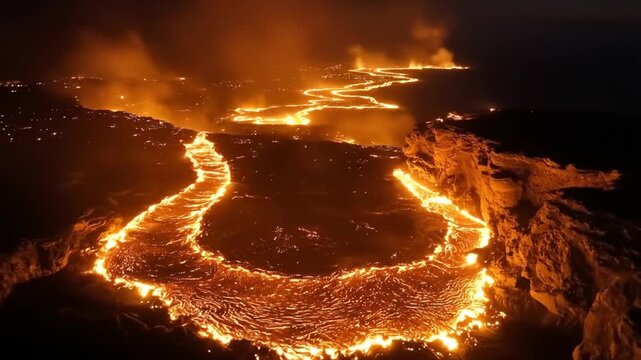 Molten rivers of lava flow across volcanic landscape at night