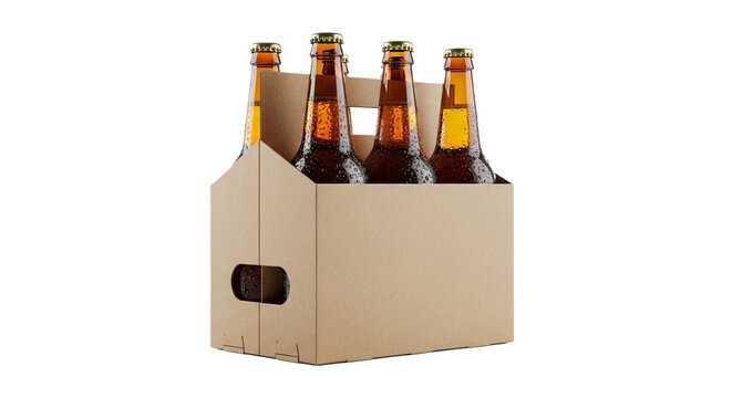 Six pack of brown beer bottles isolated on transparent background