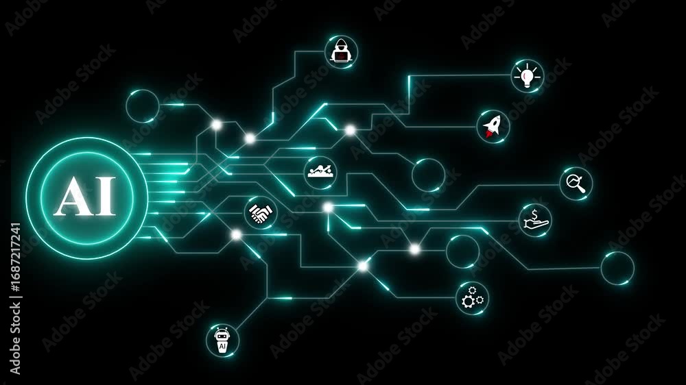 Poster ai network with glowing turquoise circuits and technology icons artificial intelligence. ai with tur