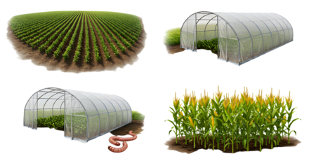 FARMING - Greenhouse and crop field with corn and cultivated plants, modern agricultural farming and sustainable crop production, ideal for farming and environment topics
