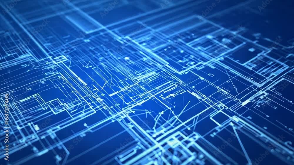 Poster futuristic blueprint showing complex engineering project in perspective