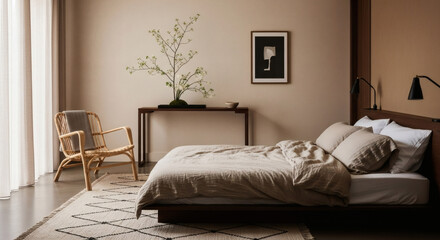 A cozy Modern Organic (Japandi) interior: a low-profile platform bed with linen bedding, a woven rattan chair, and a single ikebana arrangement on a dark wood console. Neutral, earthy color palette