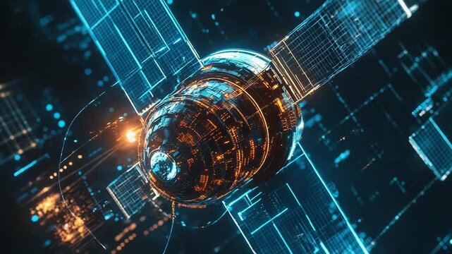 Futuristic satellite transmitting data through digital space visualization