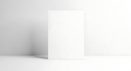 Naklejka premium Blank White Rectangular Panel Leaning Against a White Wall in a Clean, Minimalist Room, Featuring Soft Shadows for Product Display Mockup