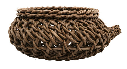 FARMING - Handwoven natural brown wicker basket with handle isolated on black background, perfect for rustic home decor or storage