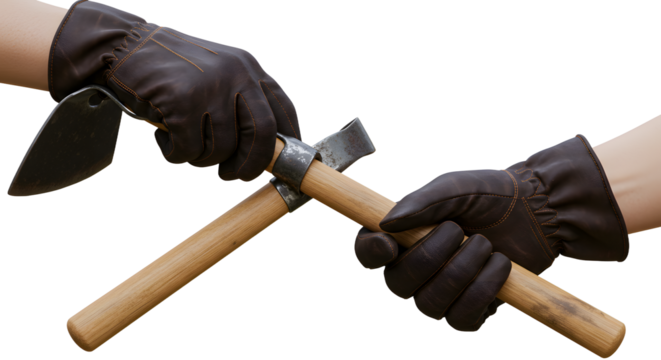 FARMING - Hands in brown gloves holding a hammer and a sickle, symbolizing labor and agriculture tools, perfect for industrial or farming concepts - Powered by Adobe