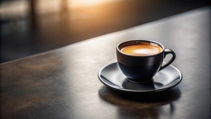 Obraz premium Aromatic Espresso in a Dark Cup on a Sleek Surface, Bathed in Warm Sunlight
