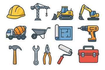 Construction tools and equipment set: excavator, crane, hard hat, and more