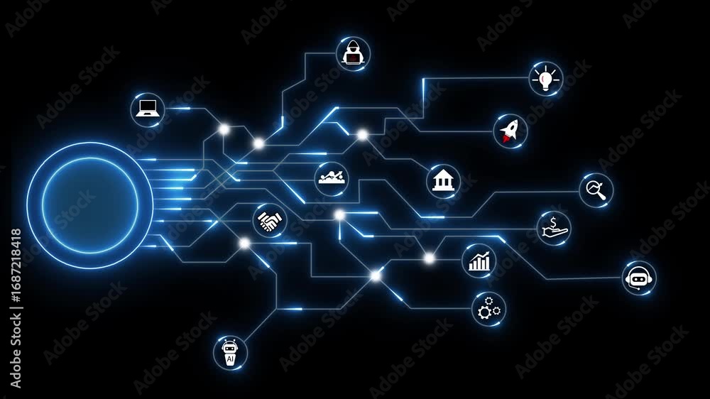 Poster ai network with glowing blue circuits and technology icons artificial intelligence. ai with blue glo