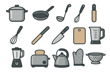 Collection of kitchen utensils and appliances for cooking and baking
