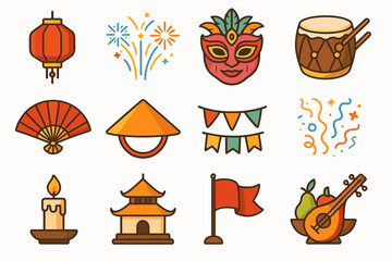 Festive cartoon icons: lantern, fireworks, carnival mask, drum, asian hat, candle, temple, flag