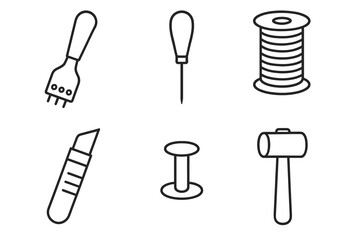 Leatherworking tools: stitching wheel, awl, thread, knife, spool, mallet icons