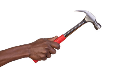 Man holding a claw hammer isolated on white or transparent background 