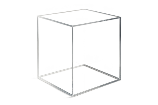 Minimalist transparent display case with clean geometric design showcasing contemporary product presentation solutions