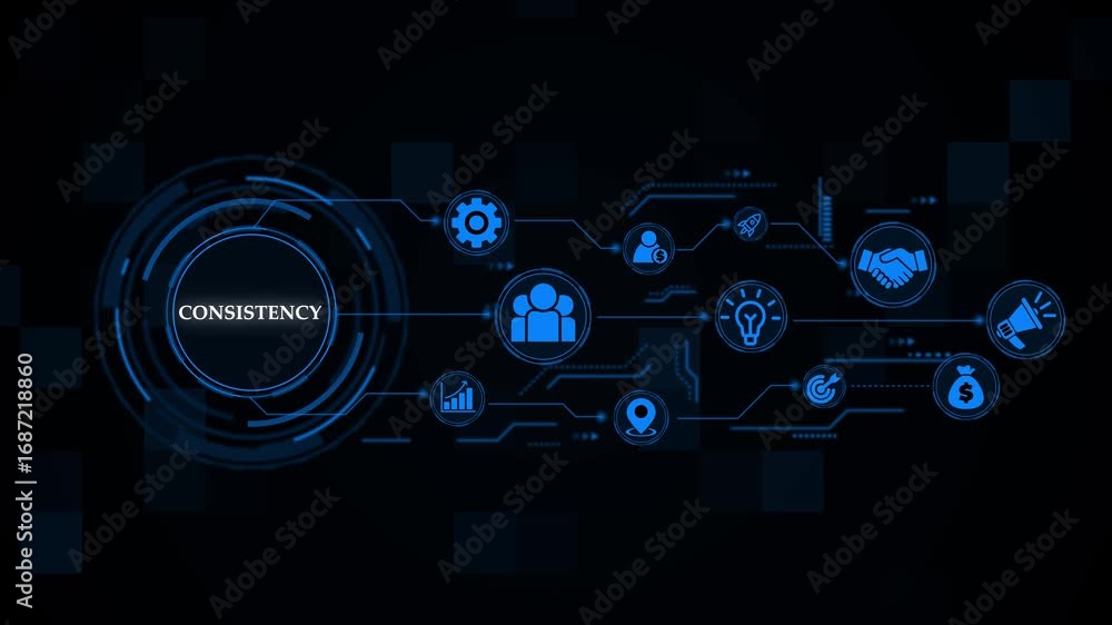 Poster animated digital graphic depicting consistency in teamwork and business strategy, business, internet