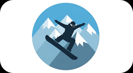 Silhouette of a snowboarder in action against a backdrop of snow capped mountains in a circular frame ai generated