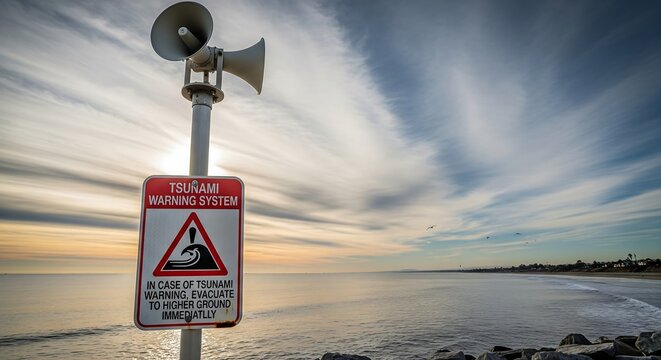 Tsunami warning system sign on a beach with loudspeakers against a cloudy sky.