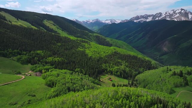 Little Annie Trail Basin aerial drone 4wd road morning blue sky cabins AJAX Aspen Mountain backcountry spring summer Rocky Mountain Conundrum Creek Castle Peak Ashcroft Aspen trees forward motion
