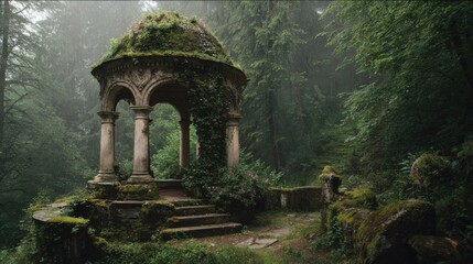 mossy gazebo in misty forest