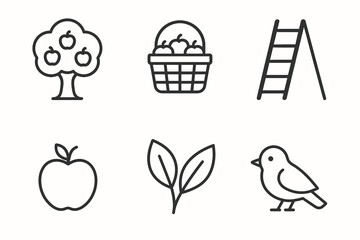 Fototapeta premium Apple harvest icons: tree, basket, ladder, apple, leaves, bird