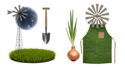 FARMING - Miniature windmill with moon, green grass patch, garden shovel, fresh onion, and green apron on wood, rustic gardening concept perfect for gardening blogs